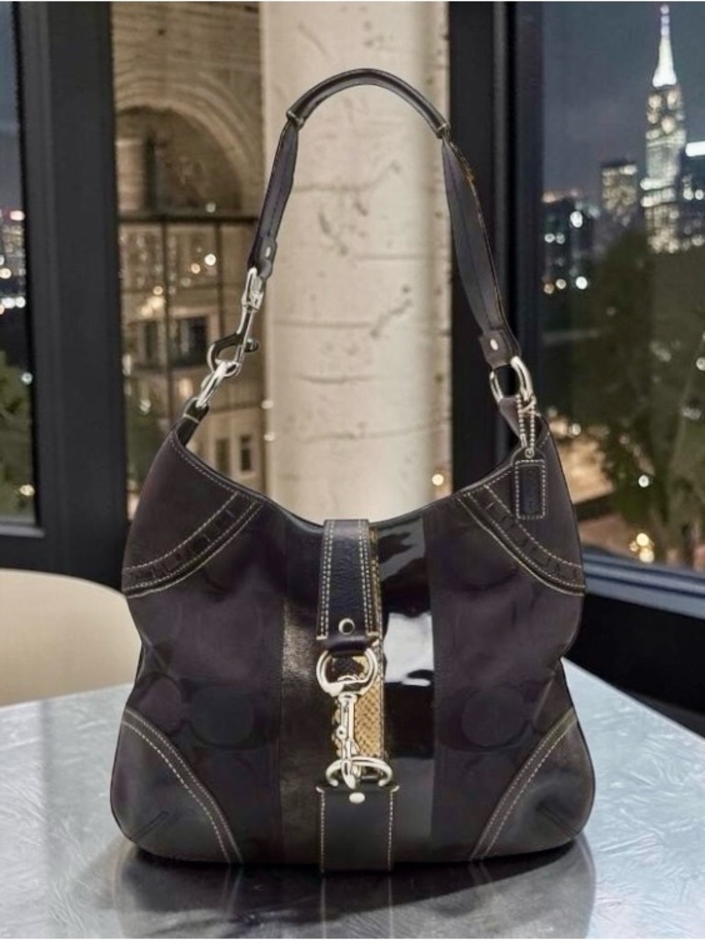 COACH Hamptons Signature Python Stripe Hobo Bag Black Y2K Shoulder Bag